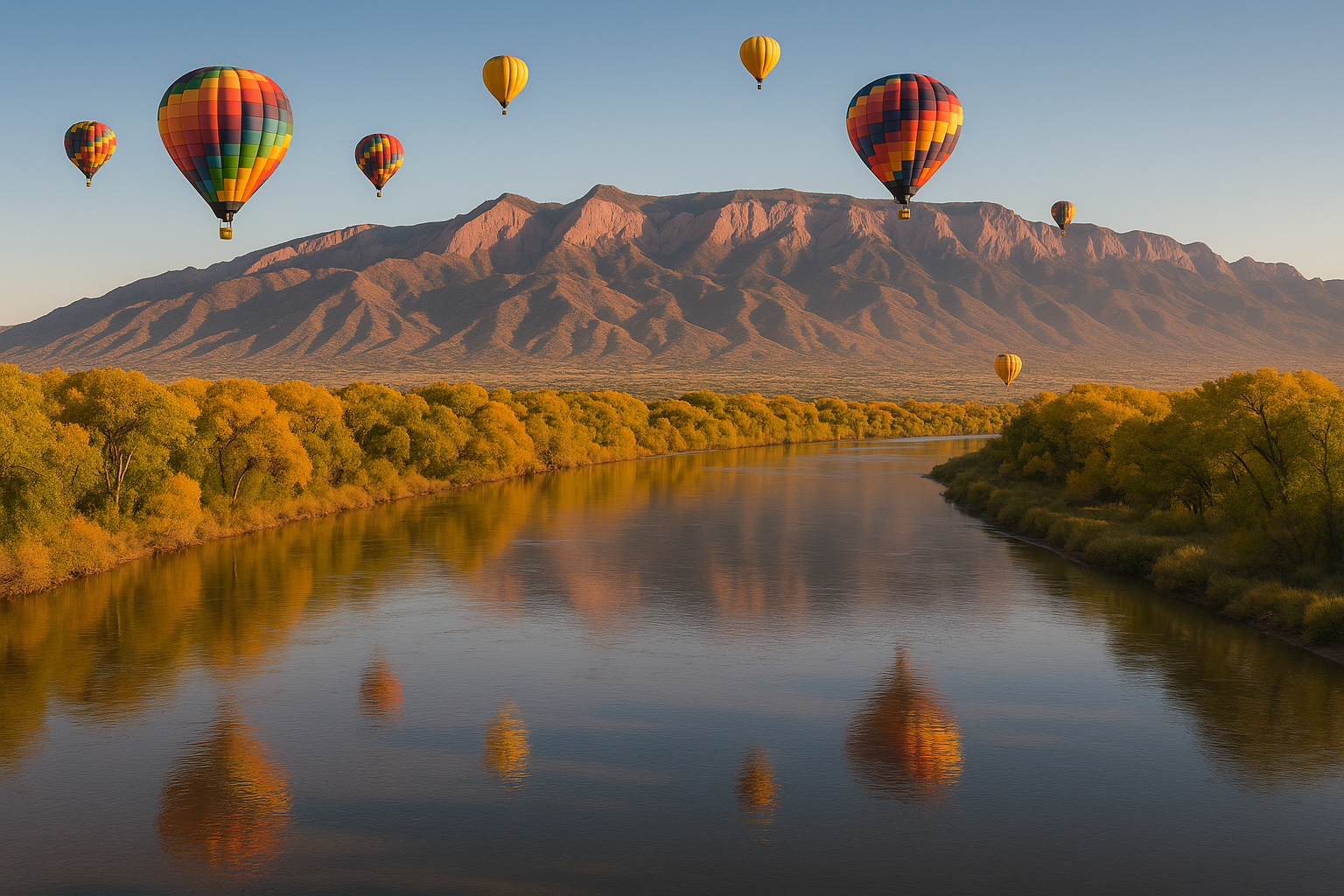 do the rio grande with the hot balloons with the background of the sandia mountains in albuquerque new mexico 
